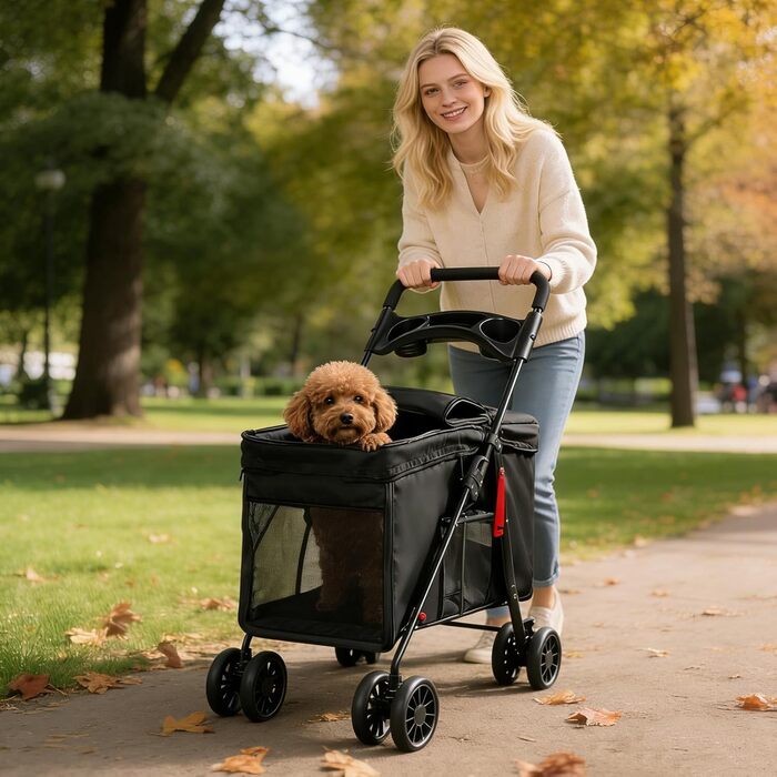 Дитяча коляска для собак та котів Homewell, чорна, складана, з сіткою, ременями та тримачем для напоїв, до 20 кг