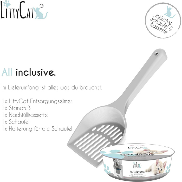 Відро для сміття з котячого туалету Littycat з лопаткою - з картриджем для поповнення - котячий туалет, відро для котячого туалету біло-сірий + 1 картридж біло-сірий