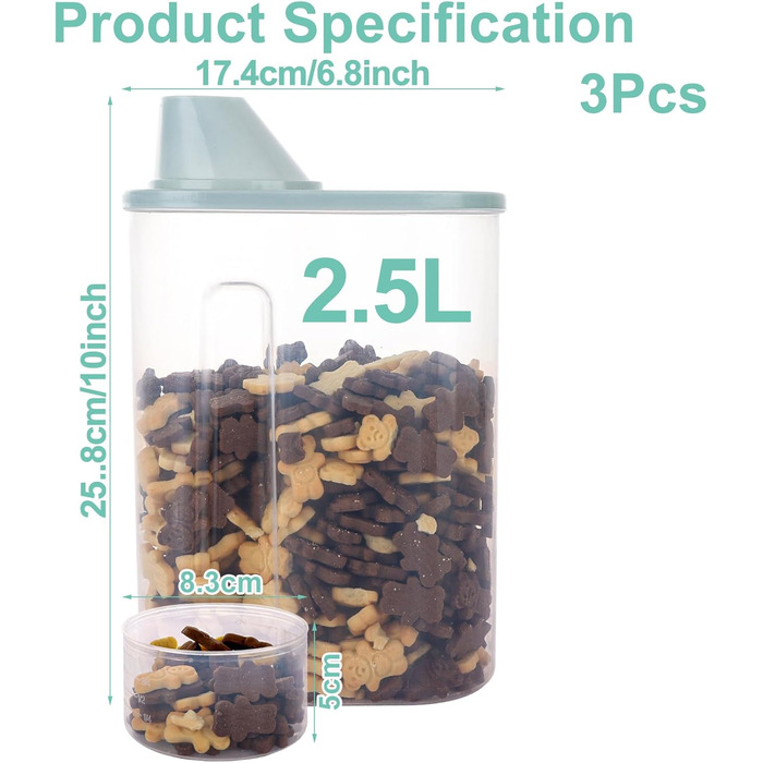 Контейнери для корму для собак 3 шт., 2,5 л, 15 x 23 см, контейнери для зберігання корму для домашніх тварин з мірними склянками, герметичні контейнери для корму для собак з виливною горловиною, пластикові контейнери для корму для котів
