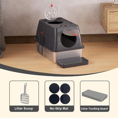 Кігтеточка-лоток для котів Citylife Edelstahl з кришкою, XXL, закритий, з двома входами, килимок для котячого туалету та совком, легко чиститься, нейтралізатор запаху, темно-сірий