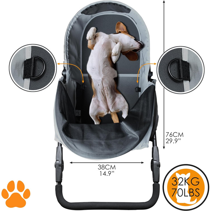 COOPER Складаний візок для собак до 32 кг | Регульована висота, кошик для покупок, Soft Touch ручки, світловідбиваючі елементи | Ідеальний для транспортування тварин – Сірий