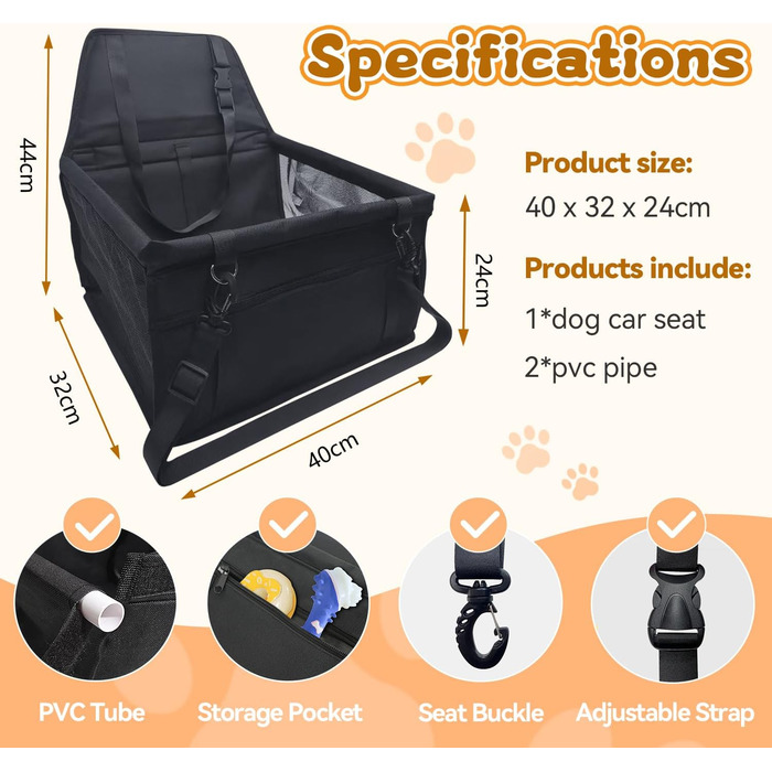 Автомобільний лежак для собак, чорний, 40x32x24 см, Oxford, дихаючий, знімний, для собак та котів