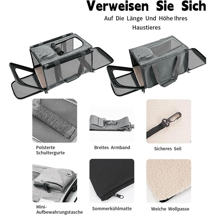Транспортна переноска для котів та собак, 46x30x30 см, темно-сіра, складана, з вентиляційною сіткою та кишенею, до 10 кг