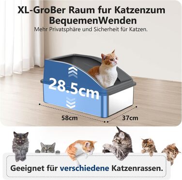 Лоток для котів FURTIME XXXL з нержавіючої сталі, екстра великий туалет для великих котів, темно-сірий (71x51x31 см)