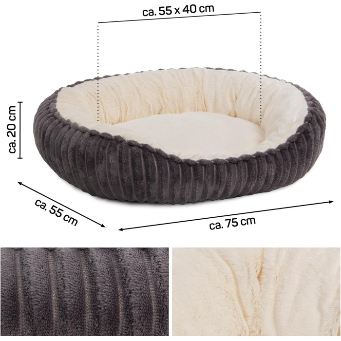 Корзина для собак Wallace & Jones Cameron, середнього розміру, овальна, пухнаста, антиковзаюча, антрацит-бежева, розмір M, 75 x 55 x 20 см