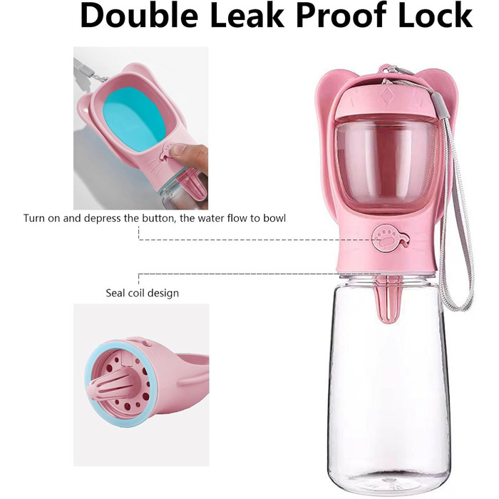 ДомКім портативна пляшка для води та корму для собак, 550 мл, рожева - для прогулянок, подорожей, цуценят