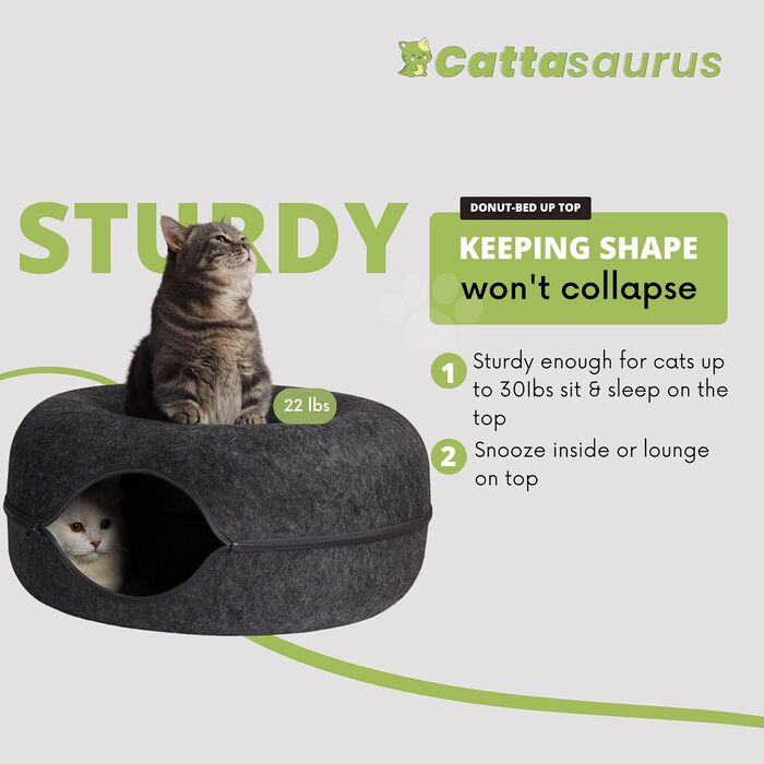 Котяча печера CATTASAURUS Peekaboo темно-сіра для великих і кількох котів до 13,6 кг, тунель-будиночок для домашніх котів, велике кругле ліжко-донат, пране