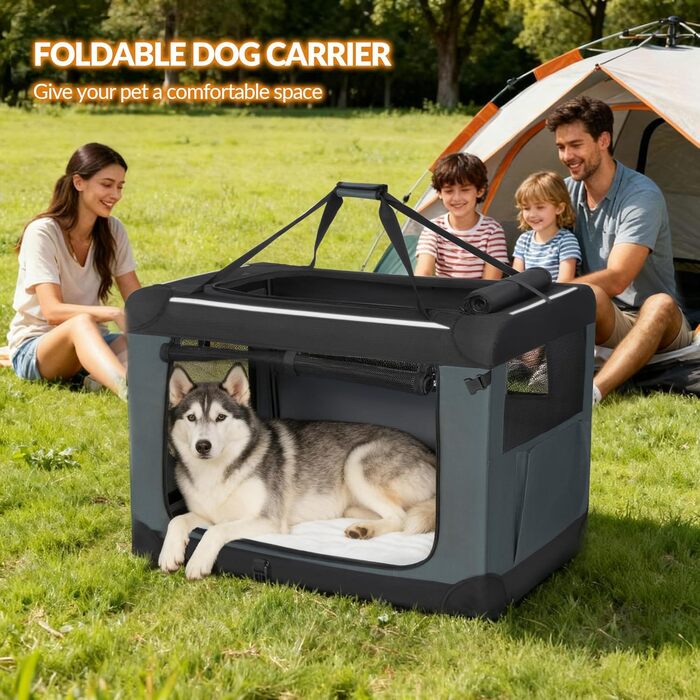 Транспортна переноска для собак Fobyfurny FPDT001OG1, 60x42x42 см, сіра, з 3 дверцятами, 60 л