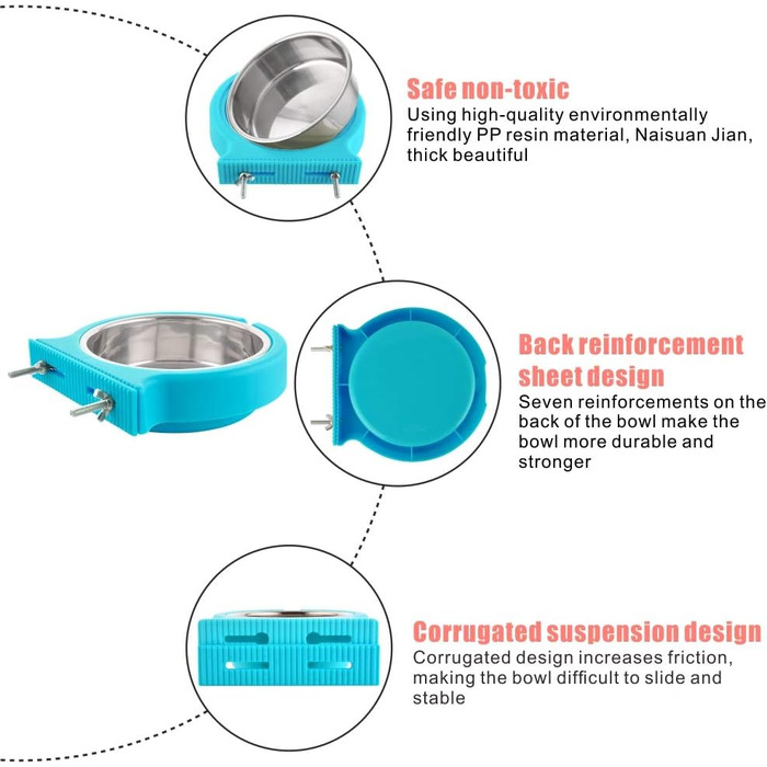 Набір мисок для корму для клітки, підвісні, знімні, з нержавіючої сталі, для собак, котів, дрібних тварин, блакитні, з гофрованим затискачем