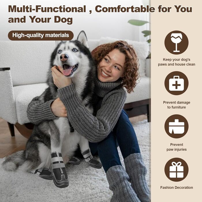 Водонепроникні чоботи для собак з світловідбиваючими ременями, антиковзка гумова підошва, захист лап, для малих, середніх та великих собак (L, B-Чорний-дихаючий)