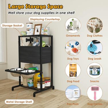 Підвищені годівниці для великих собак, екстра-великих порід, з нековзною підстилкою, об'єм 3000 мл (13 чашок), стабільна годівниця, висота 46 см, підставка для собак XXL, коричневий колір - миски та підстилка, 2,863 мл, 46 см (для великих собак, чорний ко