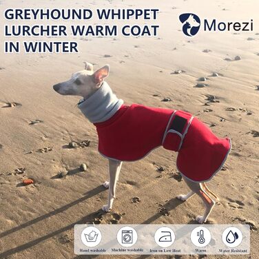 Зимовий одяг для собак Morezi: теплий флісовий жилет для Вундеркінів, Лурчерів та Грейхаундів, з світловідбиваючими смугами, регульований ремінь, червоний, розмір S (довжина спини 51-53 см)