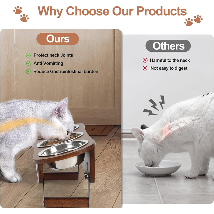 Підвищені годівниці для котів 3 шт. з регульованою висотою, з підставкою, з нержавіючої сталі, для води та корму, для котів та маленьких собак, коричневі