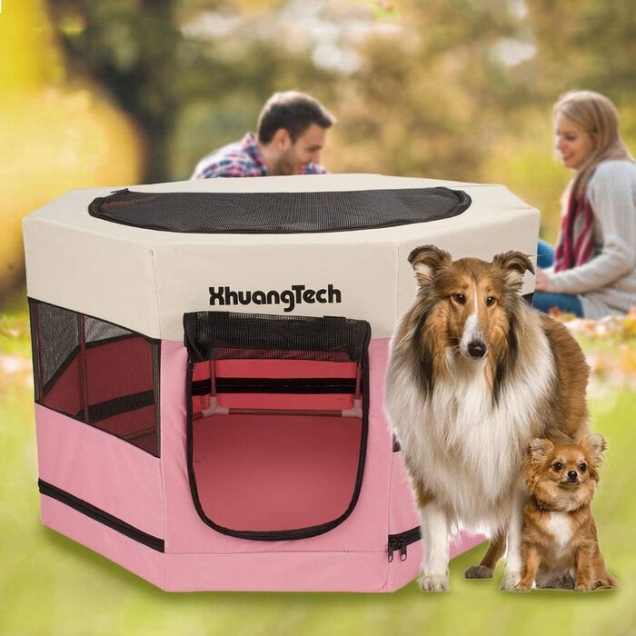 Клітка-загон для собак, котів, кроликів та морських свинок XhuangTech, рожева, 87.6 x 87.6 x 54.9 см