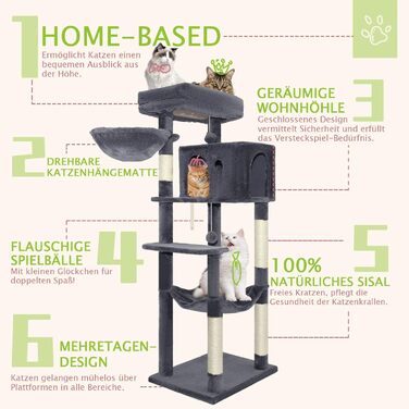 Котячий комплекс LEEJARD XXL: великий дерев'яний будиночок для котів з платформами, когтеточками, будиночком, гамаком, іграшками та захистом від перекидання (148 см, темно-сірий)