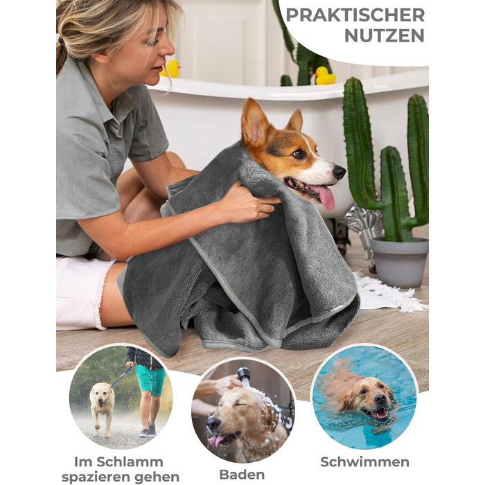 Рушник для собак з мікрофібри, халат для собак, швидковисихаючий, з регульованим коміром на липучці, для великих, середніх та маленьких собак/котів (Сірий, M)