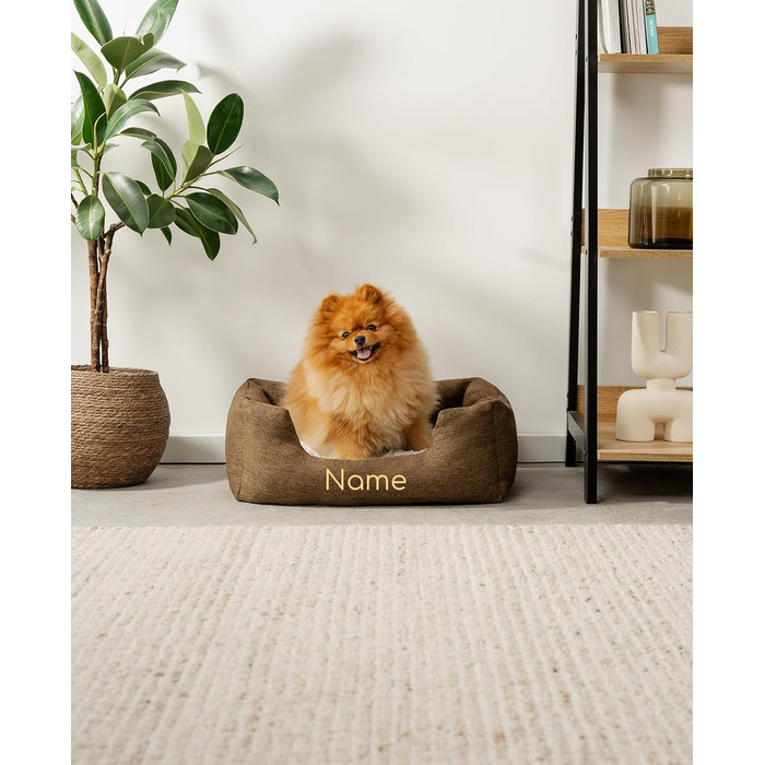 Крісло-гніздишко для собак Lionto з м'яким двостороннім подушкою, затишне ліжко для домашніх тварин у меланжевому дизайні з глибоким входом для собак та котів будь-якого розміру, 60x50 см, м'яке собаче ліжко, коричневе (з написом), розмір L 60 x 50 x 22 с