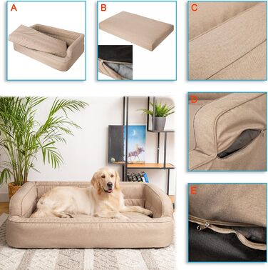 Ліжко для собак PillowPrim XXL 117x79 см, знімний чохол, бежеве, лежак для котів і собак, меблі для тварин