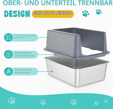 Лоток для котів із нержавіючої сталі з кришкою та високими бортами (30 см), сірий
