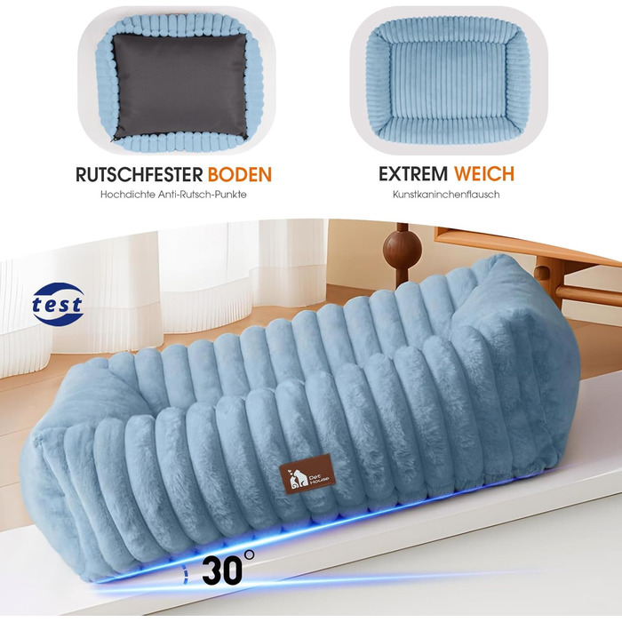 Ортопедичний лежак для собак великих порід, лежанка для собак, м'яка, з підголовником, знімний килимок, з ручками, блакитний, 109 x 76 x 20 см, XL