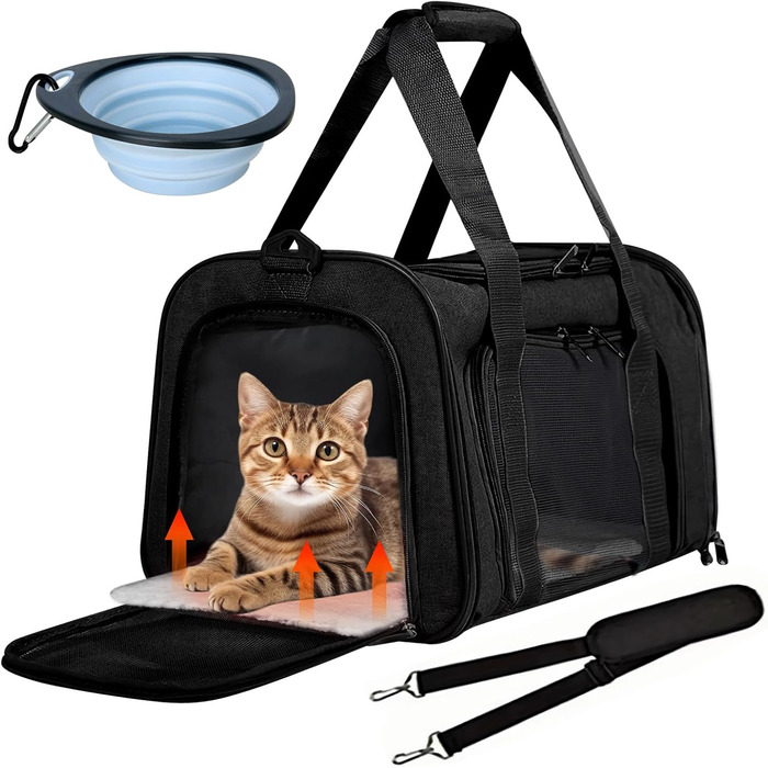 Транспортна переноска для кота та собаки BYZESTY, складана, 42 x 27 x 28 см, з мискою, чорна