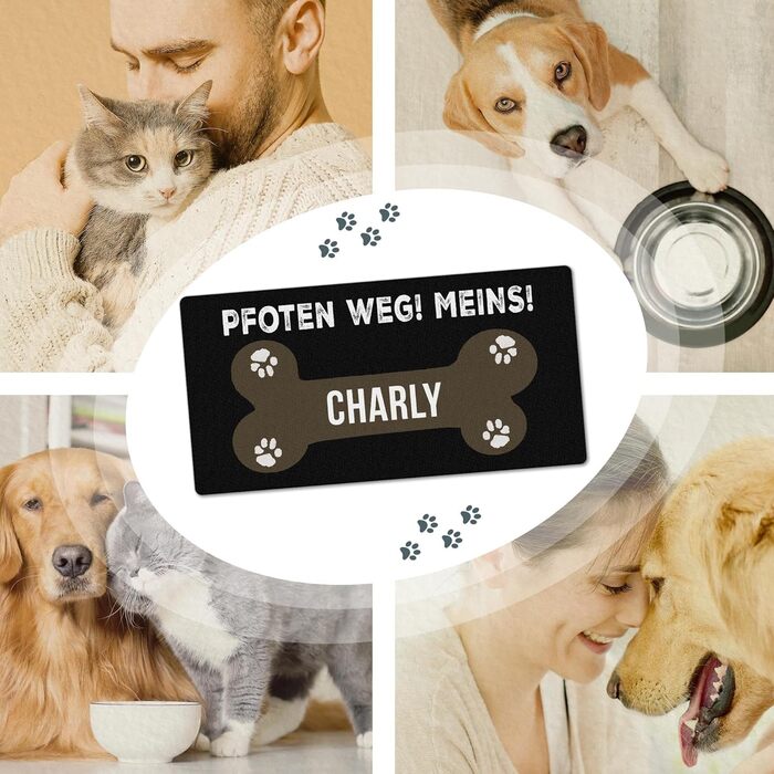 Персоналізована килимок для годування собак з іменем - Paw Away, Meins! - килимок для корму для собак, миючий, неслизький (80 x 40 см)