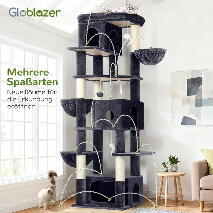 Кігтеточка Globlazer 204 см з 3 будиночками, 2 платформами, 3 м'якими будиночками для котів, стабільна, для 3-5 котів, відпочинок, ігри, дряпання, інтер'єр (Dunkelgrau)