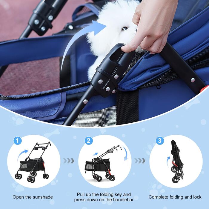 Складана візок для тварин до 10 кг з амортизаторами 360° та сонцезахистом - Легкий вигулювач для котів/маленьких собак (Чорний/Синій)