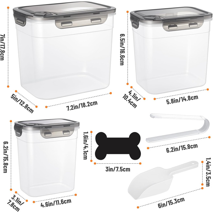 Набір контейнерів для корму для собак ZooZoo 3шт з герметичними кришками, BPA-free, для сухого корму, великі, середні, малі, з лопатками, етикетками, пінцетом та маркером