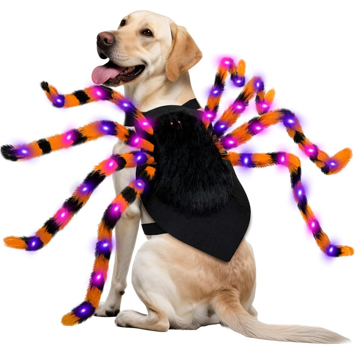 Костюм на Хелловін для собак великих порід: пухкий костюм павука з 64 LED, веселий костюм для Хелловін, вечірка, косплей (Помаранчевий)
