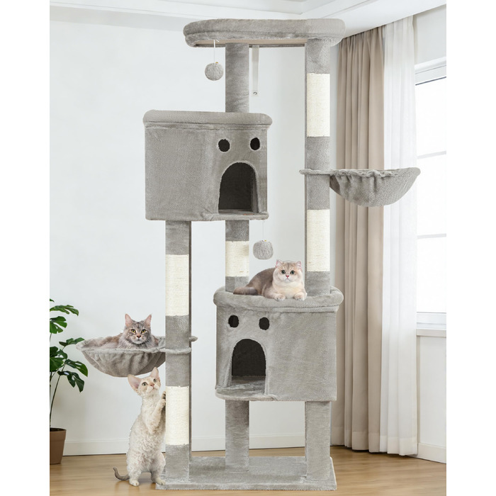 Комплекс для котів Kratzbaum XXL 213 см, світло-сірий: кігтеточка, будиночок, платформа, гамак