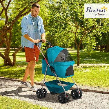 PawHut Візок для собак та котів 3-в-1, складаний, до 4 кг, з подушкою, сіткою, тримачем для напоїв, кошиком (Турквіс)