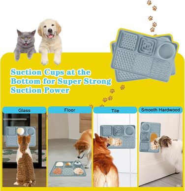 Силіконова килимок-заспокійвач для собак та котів Cooltto з мискою з нержавіючої сталі, з присосками, для грумінгу, миття та тренувань (Сірий, Модель A- 6 в 1 з 59 присосками)