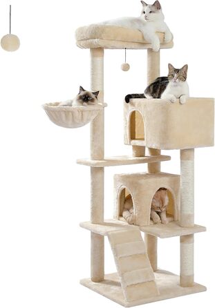 Кігтеточка PETEPELA 143 см з знімним подушкою, кігтеточними стовпчиками, двоповерховим будиночком для котів – велика, для великих котів, зелена (бежева)