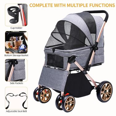 Візок для собак DWVO 3-в-1: візок, переноска, сумка для собак, до 22 кг, сірий (58.5x76x105 см)