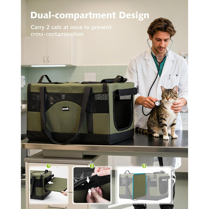 Транспортна переноска для котів Pecute - переноска-торба для 2 котів, стабільна, складана, для подорожей (темно-зелена)