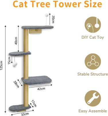 Кліматична стіна для котів Kratzbaum 125см: 4 яруси, натуральне дерево, міцний фетр, сірий колір