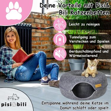 Котячий тунель із фетру, кругле ліжко 50x50x28 см, котяча домівка-тунель, сірий котячий дім-донат для ігор та відпочинку