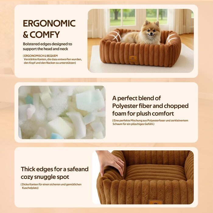 М'яке собаче ліжко для середніх порід, зручне та миється, прямокутне, з неслизьким покриттям, коричневе, розмір M (63x53x18 см)