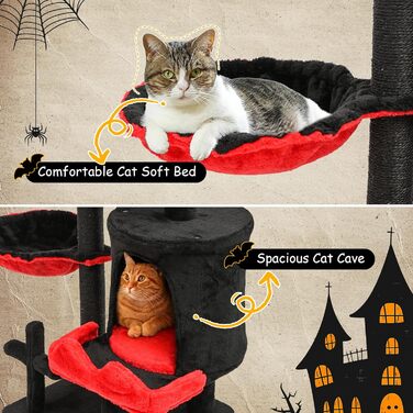 Котячий комплекс Gothic Halloween: стійка кімната з ліжком, будиночком та когтеточками, 84.5 см (Чорний/Червоний)