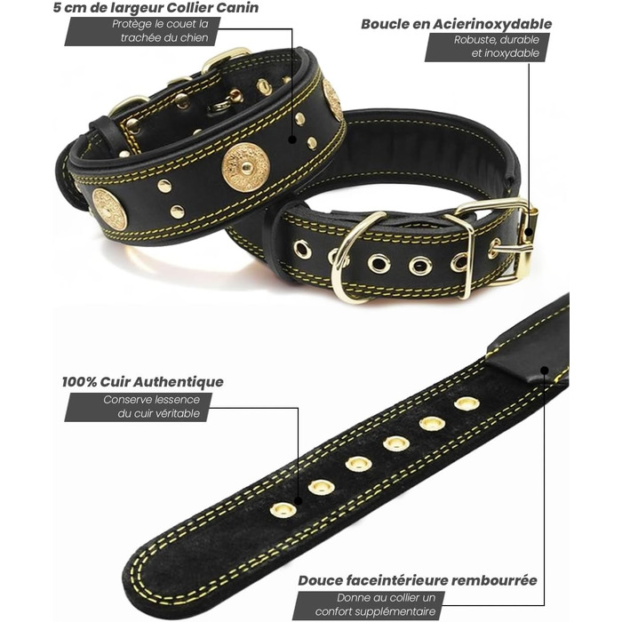 Шкіряний нашийник для собак, 5 см, ручної роботи, преміум-якість, для великих та середніх порід, золото-чорний, розмір M (46.5-57.5 см)