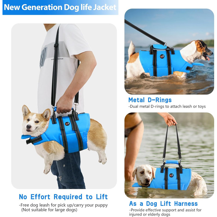 Жилет для плавання собак Dogcheer з блискавкою та рятувальним гачком, Ripstop жилет для цуценят з поплавком під підборіддя для плавання, регульований жилет для собак малих, середніх та великих розмірів (Small, Blue)