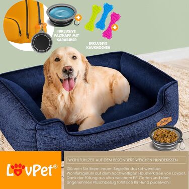 Лежак для собак Lovpet XL 110x75x27 см, комплект з мискою та 3 кісточками, знімний і праний чохол, для малих, середніх і великих порід, темно-синій
