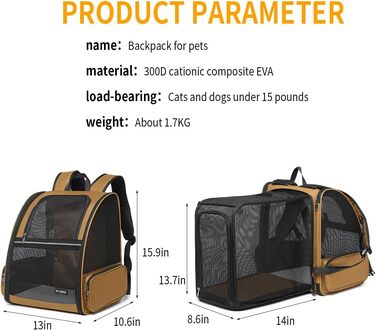 Рюкзак-переноска для кота та собаки, розширюваний, коричневий. Підходить для котів та собак вагою до 9 кг