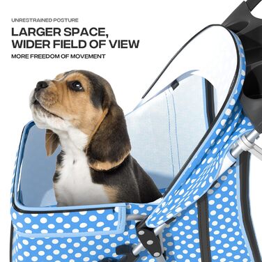 Дитяча коляска для котів та собак, 3 колеса, складна, з кошиком та тримачем для напоїв (Блакитний/У крапку)