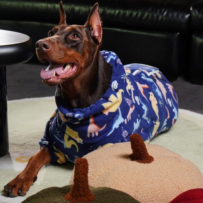 Флісова куртка для собак ROZKITCH, теплий пуловер, піжама, вітростійка, тепла, для холодної погоди, жилет з відбиваючим шнуром, комбінезон, одяг, комплект для великих собак, динозавр 4XL (довжина спини: 31.1'), блакитний динозавр