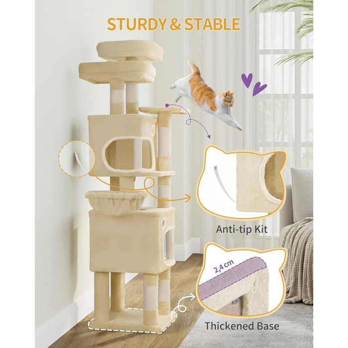 Драбина-кіготь для котів Hzuaneri, 159 см, 8 стовпчиків, 3 платформи, 2 печери, кошик, м'ячики, мотузка, підходить для котів різних розмірів, бежевий MS15918YL L (50 x 40 x 159 см)