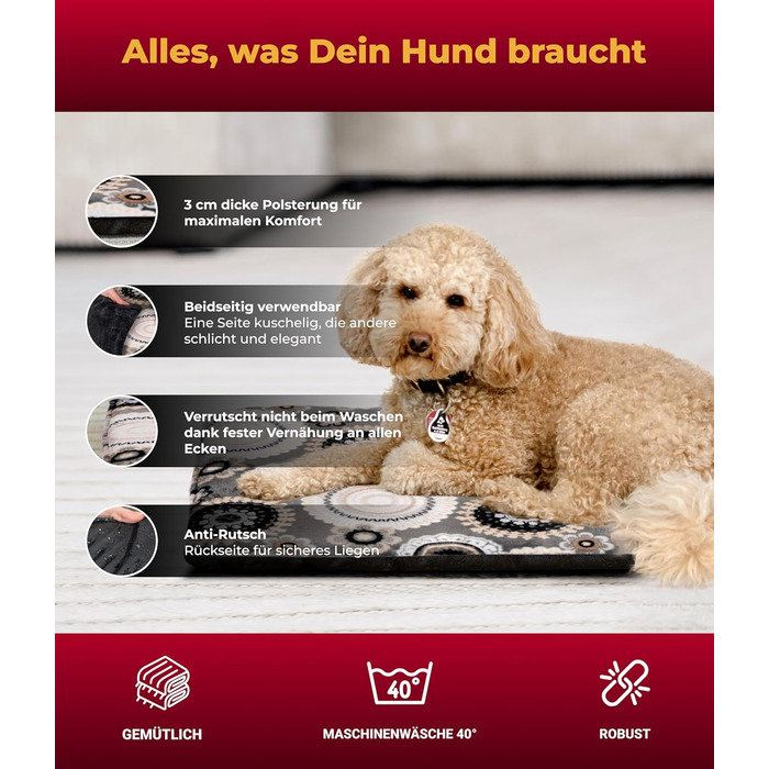 Підстилка для собак HS-Hundebett® XS (45x65 см) – антиковзаюча та зручна, з наповнювачем 3 см – для дивану, авто та переноски – Made in Germany (65 x 95 см, Мандала Антрацит)