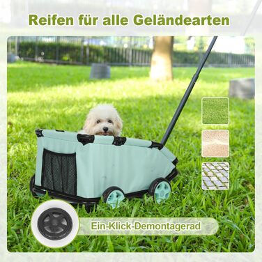 Складаний візок для маленьких тварин: візок-шопер з кишенькою, зручний ручка-телескопічний тягач, м'яке ліжко та страхувальний ремінь (Темно-зелений, Блакитно-зелений)