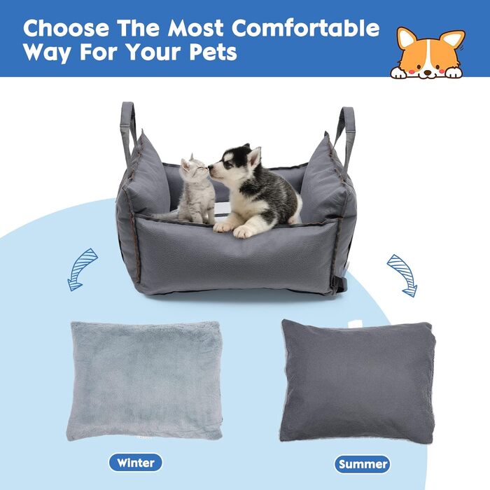 Автокрісло для собак 2-в-1 з ременем безпеки, автокрісло та ліжко для собак, знімний килимок та чохол, миється, для собак маленьких та середніх порід, сірий & блакитний